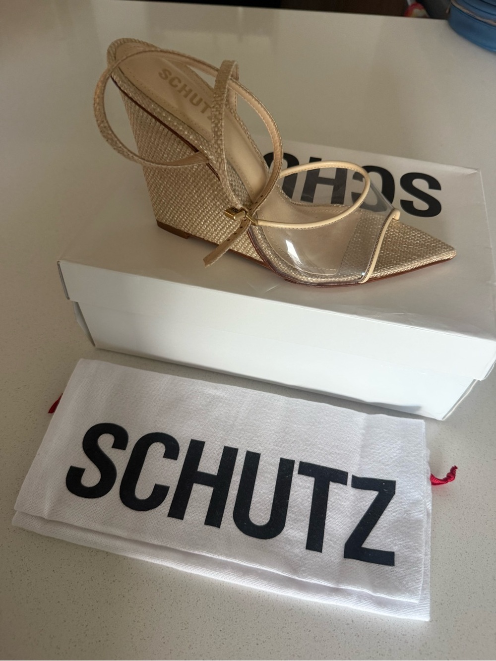 SCHUTZ Raffia Wedge Sandal with Clear Straps